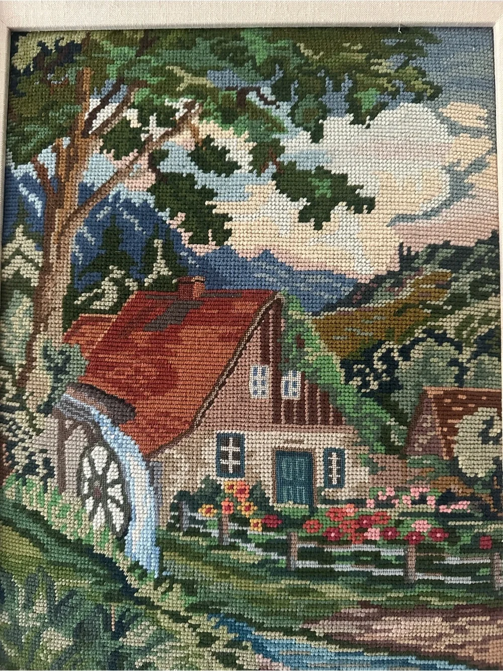 VINTAGE Handcrafted Needlepoint Rustic Waterwheel 16”x 20”